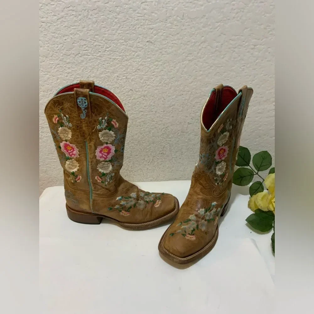 Macie Bean Boots Girls SZ 3 Floral Rose Garden Cowgirl Brown Leather